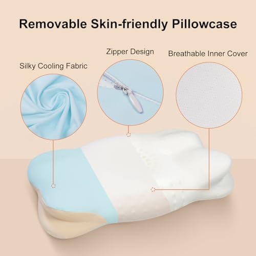 Memory Foam Toddler Pillow, Breathable Cooling Removable Pillowcase, Kids Pillow for Sleeping, Ergonomic Contour Neck Pillow for Back & Side & Stomach Sleeping 12x22 in (Blue) - Image 3