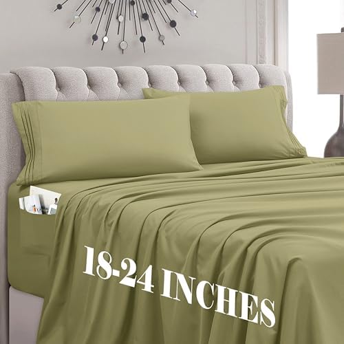 Mocassi Twin Size 4-Piece Bed Sheet Set - 1800 Premium Hotel Quality Microfiber 18-24 Inches Extra Deep Pocket Fitted Sheet- Luxury Soft, Breathable, Wrinkle, and Fade Resistant, Sage Green by MocassiLuxuryBedding
