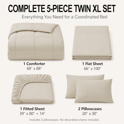 CozyLux Twin XL Comforter Set Beige - 5 Pieces Twin XL Bed in a Bag - Image 2