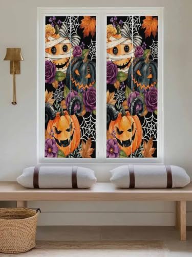 Window Privacy Film Frosted, Pumpkins Halloween Reusable Static Cling Window Tints, Black Horror Purple Floral Heat Control Windows Films for Offices, Balcony, 29.5 x 118 Inches - Image 5