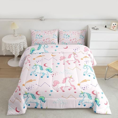 Erosebridal Girls Unicorn Full Comforter Set Pink and Blue Unicorns Bedding Set for Kids Child Stars Astrology Comforter Fantasy Girls Room Decor Cartoon Unicorn Horse Quilt Kawaii Bed Set - Image 3