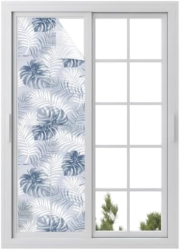 Window Privacy Film Frosted, Navy Blue Palm Trees Tropical Reusable Static Cling Window Tints, Summer Beach Botanical Heat Control Windows Films for Offices, Balcony, 29.5 x 118 Inches by Unknown