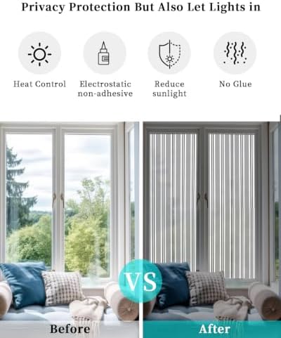 Window Privacy Film Frosted, Grey Striped Reusable Static Cling Window Tints, Modern Farmhouse Vertical Stripes Heat Control Windows Films for Offices, Balcony, 29.5 x 118 Inches - Image 6