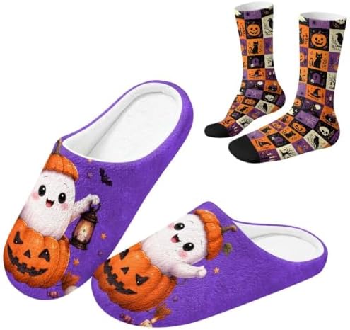Jeiento Fuzzy Slippers and Crew Sock Set for Women Men Couple Warm Cozy Memory Foam House Shoes Soft Slip-on Slides for Home,Travel by Jeiento