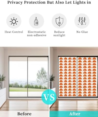Window Privacy Film Frosted, Orange Boho Non-Adhesive Static Cling Window Tint, Middle Century Geometric Abstract Art Insulated Windows Frosted Films for Living Room, 35.4 x 78.7 Inches - Image 6