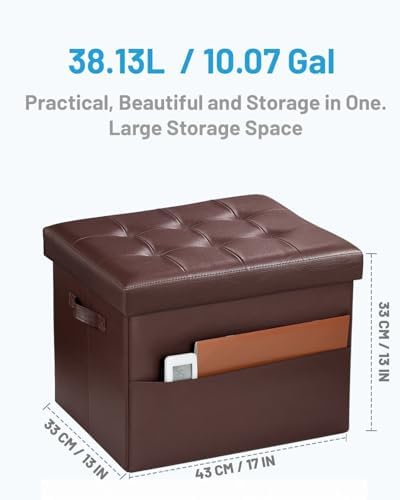Bsketa Storage Ottoman Bench,17 Inch Folding Leather Foot Rest Stool, Brown - Image 3