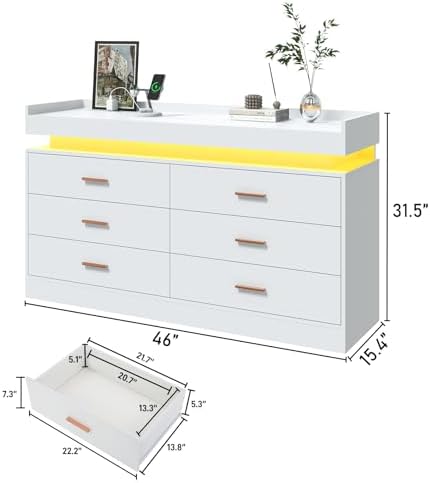 jiteentarou 6 Drawer Dresser with Charging Station and LED Lights, Modern Chest of Drawers with Power Outlet, Organizer Cabinet for Bedroom, Living Room, White - Image 3