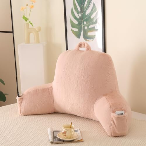 Soft Reading Pillow for Bed with Arms,Middle,Light Pink,Faux Fur by PAJEO