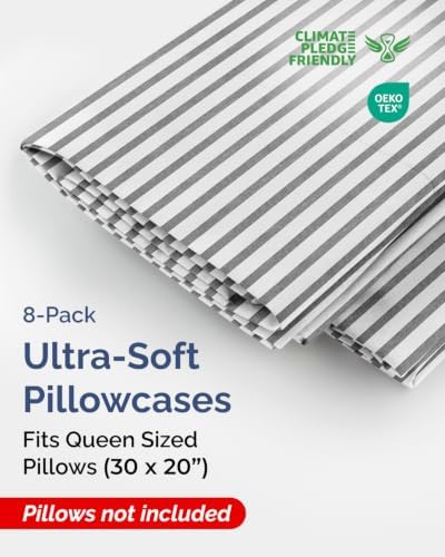 Queen Pillow Cases - 8 Pack Pillowcase Covers - 20" x 30" (Grey Stripes) - Image 2