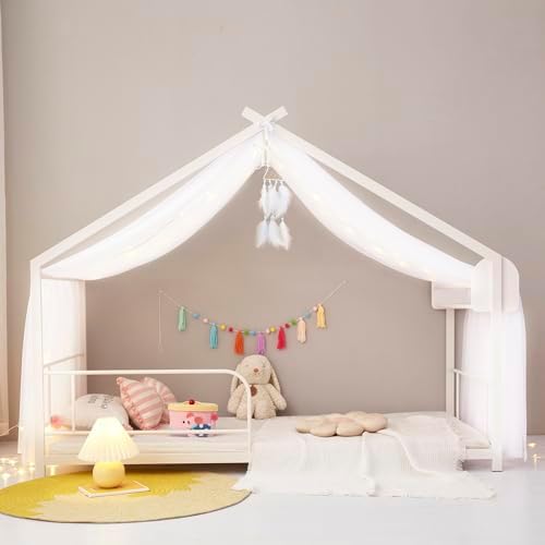 Mengersi Bed Canopy House Canopy Bed Curtains with Lights for Girls Boys,Voile Sheer Window Scarf,Fit for House Metal Floor Twin Full Bed Decorations (White) - Image 4