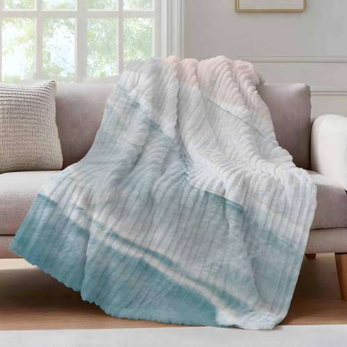 Beach Coastal Boho Throw Blanket, Blue Sea Waves Ocean Fluffy Soft Blankets for Couch Bed Travel, Nautical Gradient Plush Microfiber Striped Flannel Blankets, Lightweight Sofa Blankets 60"x80" - Image 4