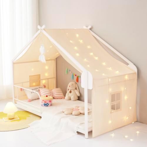 Mengersi Bed Canopy House Canopy Bed Curtains with Lights,Montessori House Bed Metal Floor Bed Canopy for Girls Boys,Fit for Twin Full Queen Bed,No Frame(Natural) - Image 2
