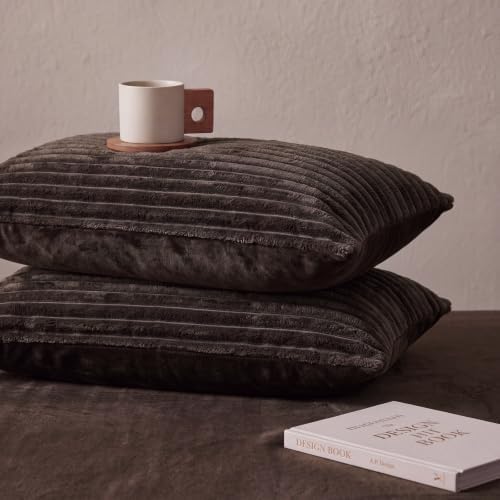 Bedorm Faux Fur Pillowcases Set of 2 Queen Size Plush Fluffy Pillow Cover Dark Brown, Zipper Closure - Image 5