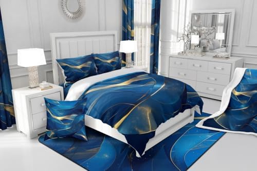 Erosebridal Navy Blue and Gold Comforter Set Full Size,Abstract Marble Aesthetic Bedding Set for Kids Adults Room Decor,Watercolor Abstract Art Quilt Bed Set Modern Style Down Comforter 3Pcs - Image 6