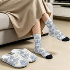 Toile de Jouy Fuzzy Slipper with Socks for Women Cozy Slipper Indoor - Image 4