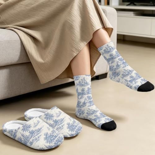 Toile de Jouy Fuzzy Slipper with Socks for Women Cozy Slipper Indoor - Image 4