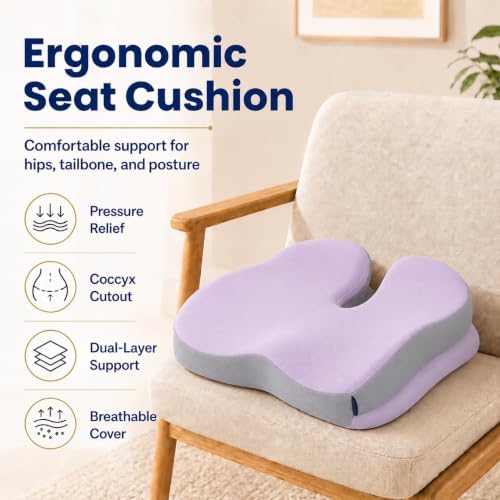 Seat Cushions for Office Chairs Wheelchair Cushion for Long Sitting Back Pain，Memory Foam Seat Car Computer Desk Chair Cushion，Coccyx Cushion for Tailbone Pain Relief Office Chair Butt Pillow Purple - Image 2