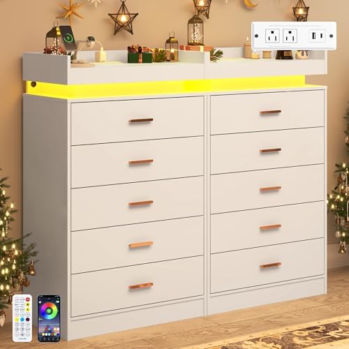 jiteentarou 5 Drawer Dresser with Charging Station and LED Lights, Modern Chest of Drawers with Power Outlet, Organizer Cabinet for Bedroom, Living Room, Entryway, White - Image 4