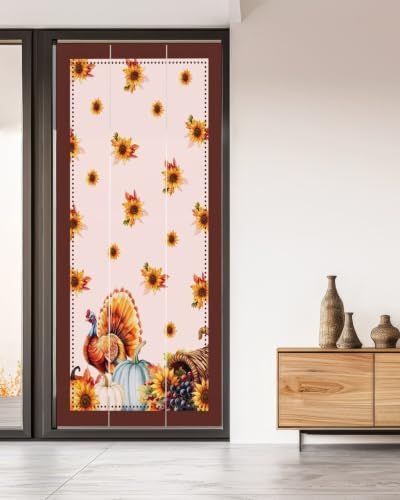 Window Privacy Film Frosted, Thanksgiving Fall Non-Adhesive Static Cling Window Tint, Pink Turkey Pumpkin Flowers Stripe Rustic Insulated Windows Frosted Films for Living Room, 35.4 x 78.7 Inches - Image 5