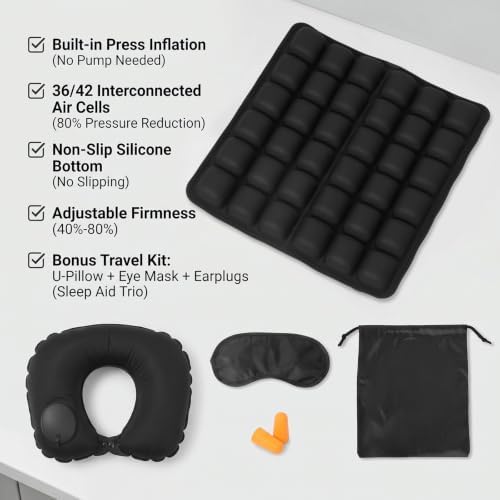 Inflatable Airplane Seat Cushion with Neck Pillow Eye Masks Earplugs&Bag for Long Flights, Portable Wheelchair Seat Cushion, Press-Type Air Cushion with Non-Skid Bottom for Travel, Office - Image 6