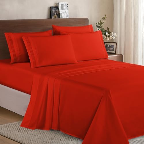 Elegant Comfort Luxury Soft 1500 Premium Hotel Quality Microfiber Wrinkle and Fade Resistant Cozy 6-Piece Bedding Set, Easy All Around Elastic Fitted Sheet, Deep Pocket, Queen, Red - Image 2