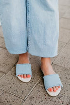 Rollasole Blue Jean Baby Foldable Denim Slides - Light Blue Jean Slip-On Sandals with Cushioned Insole & High Heel Carry Bag - Deluxe Casual Comfort - Image 3