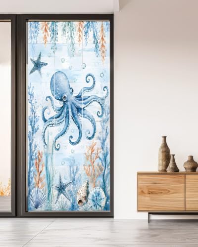 Window Privacy Film Frosted, Coastal Octopus Non-Adhesive Static Cling Window Tint, Blue Ocean Coral Summer Beach Seaweed Insulated Windows Frosted Films for Living Room, 35.4 x 78.7 Inches - Image 5