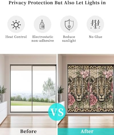 Window Privacy Film Frosted, Leopard Print Static Cling Door Window Covering, Vintage Peony Flower Chic Cheetahs Texture UV Blocking Windows Film for Office, Hotel, Bedroom, 29.5 x 78.7 Inches - Image 6
