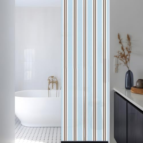 Window Privacy Film Frosted, Light Brown Blue Striped Reusable Static Cling Window Tints, Modern Farmhouse Vertical Stripes Heat Control Windows Films for Offices, Balcony, 29.5 x 118 Inches - Image 3