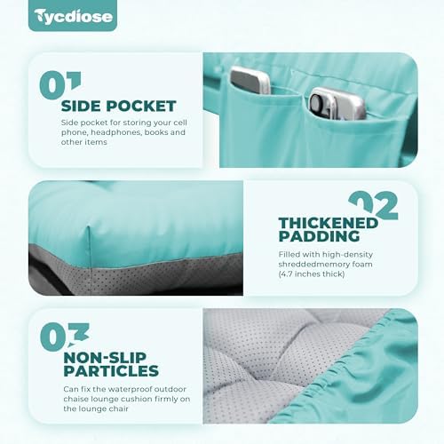 Outdoor Lounge Chair Cushion Set of 2, Waterproof Chaise Lounge Cushions Replacement for Outdoor Furniture 71 x 22 x 4.7 Inches Non-Slip Patio Pool Lounge Chair Cushions with Ties (Teal) - Image 4