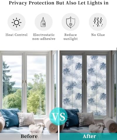 Window Privacy Film Frosted, Navy Blue Palm Trees Tropical Reusable Static Cling Window Tints, Summer Beach Botanical Heat Control Windows Films for Offices, Balcony, 29.5 x 118 Inches - Image 6