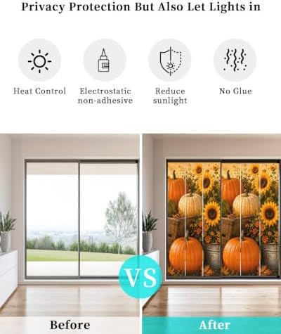 Window Privacy Film Frosted, Fall Pumpkins Static Cling Door Window Covering, Thanksgiving Autumn Sunflowers Orange UV Blocking Windows Film for Office, Hotel, Bedroom, 29.5 x 78.7 Inches - Image 6