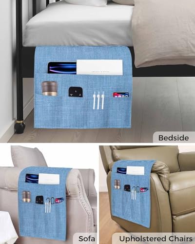 Sofa Armrest Organizer Bedside Caddy, Blue Burlap Texture Non Slip Couch Remote Control Holder for Recliner, Farmhouse Vintage Blue Armchair Caddy with Pocket for Magazine, Phone, 19.7"x35" - Image 5