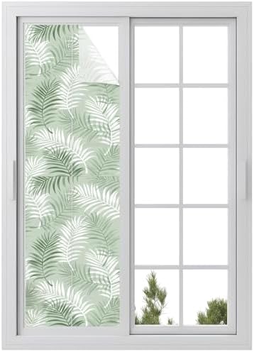 Window Privacy Film Frosted, Green Botanical Reusable Static Cling Window Tints, Summer Palm Leaves Foliage Tropical Heat Control Windows Films for Offices, Balcony, 29.5 x 118 Inches by Unknown