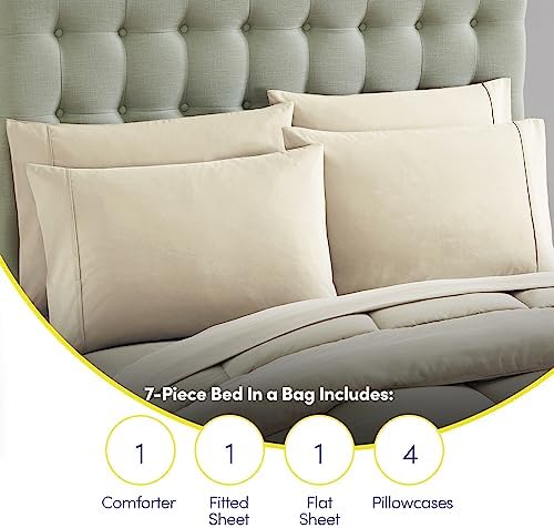 King Size Comforter Set with Sheets - 7-Piece Bedding Collection - 1 Comforter, 1 Fitted Sheet, 1 Flat, 4 Pillowcases - Deep Pocket - Soft & Breathable Premium Quality - Ideal for All Seasons, Beige - Image 6