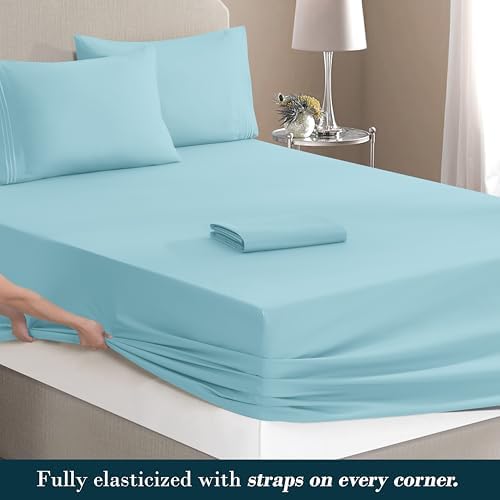 Mocassi Full Size 4-Piece Bed Sheet Set - 1800 Premium Hotel Quality Microfiber 18-24 Inches Extra Deep Pocket Fitted Sheet- Luxury Soft, Breathable, Wrinkle, and Fade Resistant, Aqua Blue - Image 4