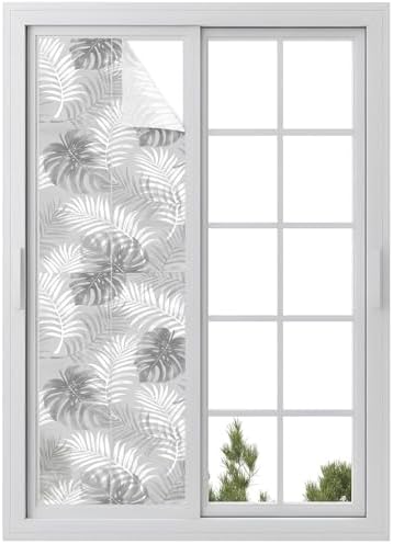 Window Privacy Film Frosted, Grey Palm Trees Tropical Reusable Static Cling Window Tints, Summer Beach Botanical Heat Control Windows Films for Offices, Balcony, 29.5 x 118 Inches by Unknown