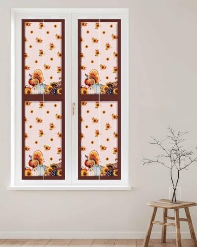 Window Privacy Film Frosted, Thanksgiving Fall Reusable Static Cling Window Tints, Pink Turkey Pumpkin Flowers Stripe Rustic Heat Control Windows Films for Offices, Balcony, 29.5 x 118 Inches - Image 2