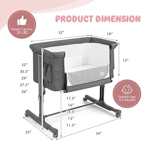 BABY JOY Bassinet Bedside Sleeper, 3 in 1 Folding Crib w/Adjustable Height, Mattress, Lockable Wheels, Storage Pocket & Carry Bag for Infant Newborn, Stationary & Rock, Portable Baby Bassinet (Grey) - Image 6