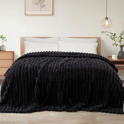 Exclusivo Mezcla Striped King Size Fleece Blanket for Bed, Black by ExclusivoMezcla