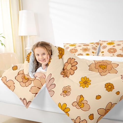 Feelyou Vintage Boho Plant Floral Comforter Set 60S 70S Groovy Comforter for Boys Teens Retro Hippie Flower Bedding Set Orange Botanical Blossom Pink Duvet Set Bedroom Quilt Set King Size - Image 7
