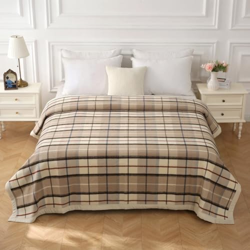 Thick Warm Wool Blanket,670GSM Heavyweight Blanket,100% Pure Australian Wool,Large Suitable for Double Bed and Camping,Queen Size/Double Size (Beige Plaid, 90x80In) by Unknown