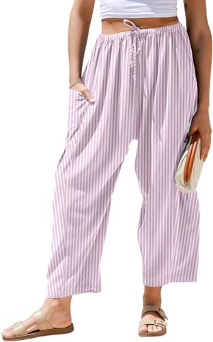 TARSE Womens Linen Wide Leg Striped Pants Casual Barrel Palazzo Harem Pants by TARSE
