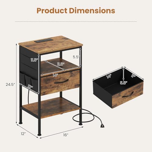 KOMFOTT Nightstand with Charging Station, 24.5" Modern Bedside Table with Fabric Drawer, Open Shelf & Side Pocket, End Table with 2 AC Outlets, USB and Type-C Port for Bedroom (Rustic Brown,1) - Image 3