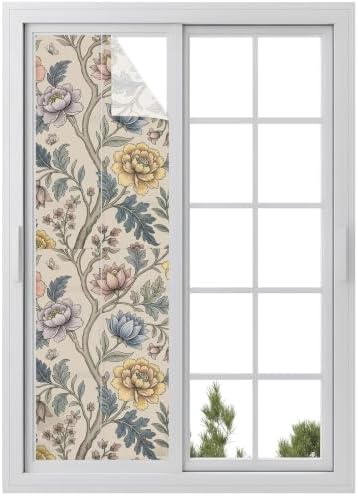 Window Privacy Film Frosted, Vintage Garden Flower Reusable Static Cling Window Tints, Rustic Floral Leaf Pastoral Beige Heat Control Windows Films for Offices, Balcony, 29.5 x 118 Inches by Unknown