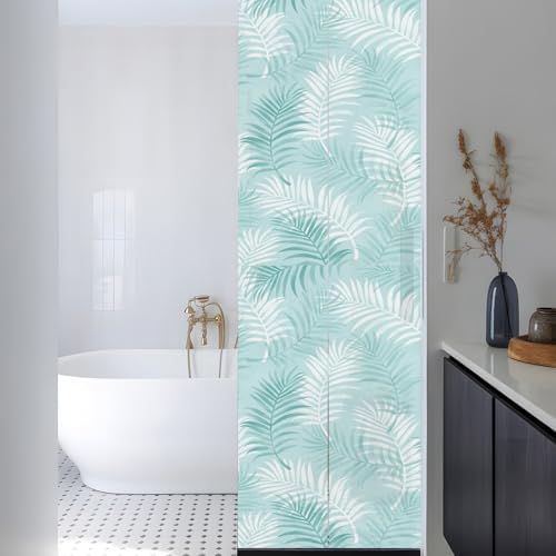 Window Privacy Film Frosted, Teal Blue Botanical Reusable Static Cling Window Tints, Summer Palm Leaves Foliage Tropical Heat Control Windows Films for Offices, Balcony, 29.5 x 118 Inches - Image 3