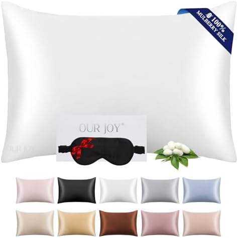 Ture 100% Mulberry Silk Pillowcase 22 Momme (SGS Certified) with Free Silk Eye Mask - Luxury Gift-Ready Folded Packaging, Cooling Pillow Cover for Hair & Skin Care (White, Standard (1 Pack)) by OURJOY