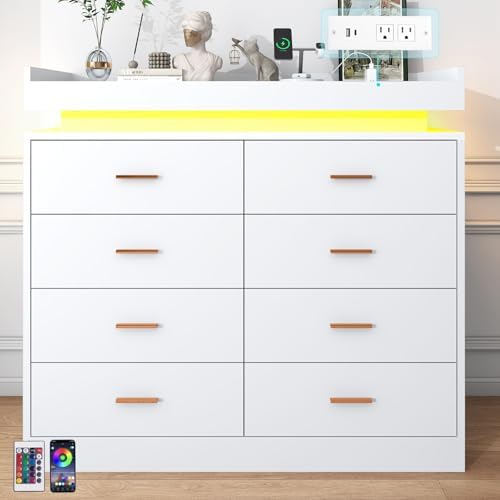 jiteentarou 8 Drawer Dresser with Charging Station and LED Lights, Modern Chest of Drawers with Power Outlet, Organizer Cabinet for Bedroom, Living Room, White - Image 5