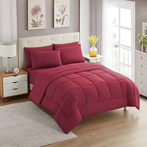 Sweet Home Collection 7 Piece Comforter Set Bag Solid Color All Season Soft Down Alternative Blanket & Luxurious Microfiber Bed Sheets, Burgundy, Full by SweetHomeCollection