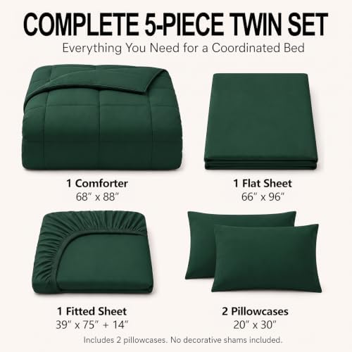CozyLux Twin Comforter Set Emerald Green - 5 Pieces Bed in a Bag - Image 2